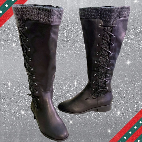 Torrid Black Faux Leather Sweater Criss-Cross Knee Boots Wide calf New in Box - Picture 3 of 13